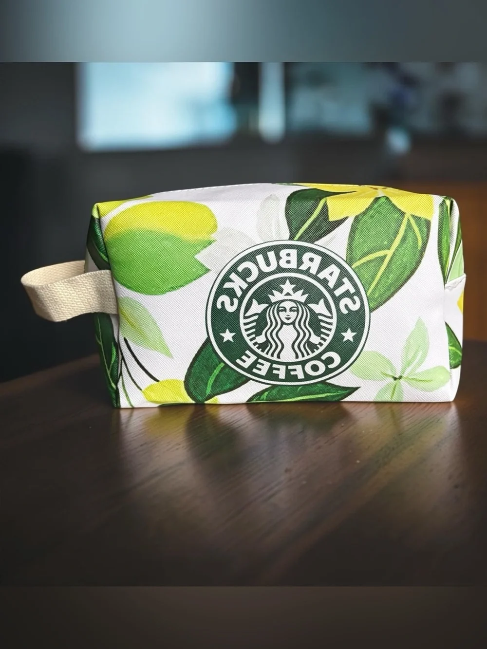 Starbucks Themed Green Floral Cosmetic Bag